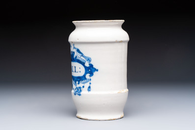 Four blue and white Dutch Delft pharmacy jars, 18th C.