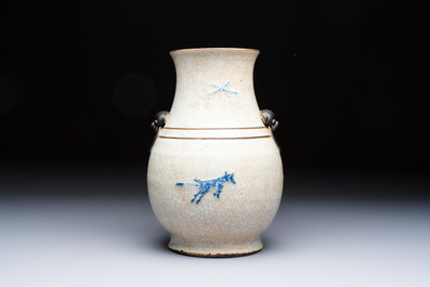 A Chinese Nanking crackle-glazed blue and white 'Hu' vase with a deer hunting scene, Hongwu mark, 19th C.