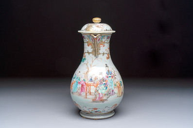 A fine large Chinese famille rose gilt-decorated 'Mandarin Subject' jug and cover, Qianlong