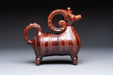A brown-glazed stoneware ewer and cover in the shape of a ram, impressed mark, Opishne, Ukraine, early 20th C.