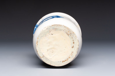 Four blue and white Dutch Delft pharmacy jars, 18th C.