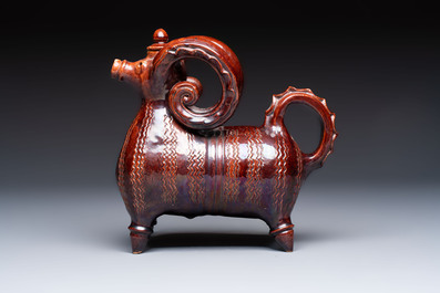 A brown-glazed stoneware ewer and cover in the shape of a ram, impressed mark, Opishne, Ukraine, early 20th C.