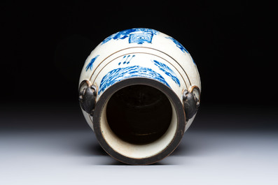 A Chinese Nanking crackle-glazed blue and white 'Hu' vase with a deer hunting scene, Hongwu mark, 19th C.