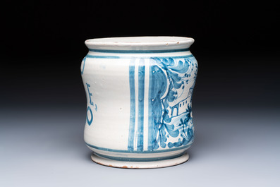 A blue and white Italian maiolica albarello, dated 1711