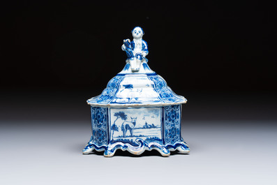 A blue and white Dutch Delft tobacco box and cover, 18th C.