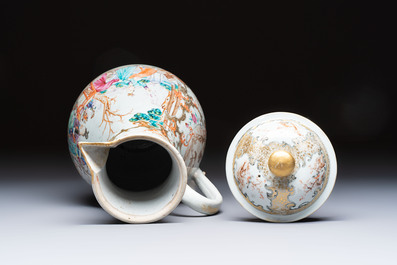 A fine large Chinese famille rose gilt-decorated 'Mandarin Subject' jug and cover, Qianlong