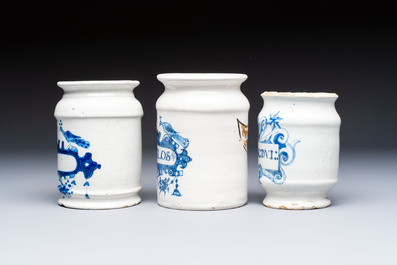 Four blue and white Dutch Delft pharmacy jars, 18th C.