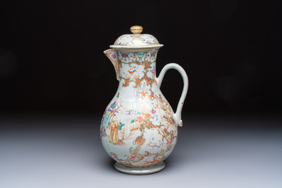 A fine large Chinese famille rose gilt-decorated 'Mandarin Subject' jug and cover, Qianlong