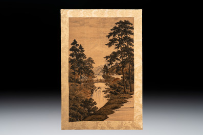 Two Japanese embroidered silk panels with landscapes, Meiji, 19th C.