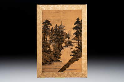 Two Japanese embroidered silk panels with landscapes, Meiji, 19th C.