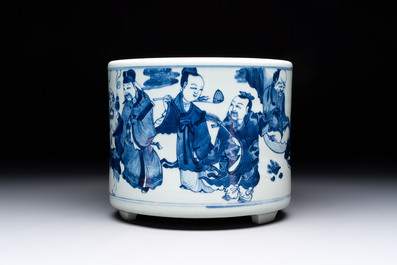 A large Chinese blue and white 'Ba Xian Zhu Shou 八仙祝壽&lsquo; tripod censer, 19th C.