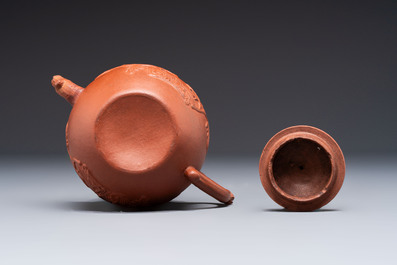 Three Chinese Yixing stoneware teapots, Chen Ziwen 陳子文 and Wen Cai 文彩 mark, Kangxi and later