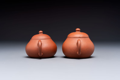 Three Chinese Yixing stoneware teapots, Chen Ziwen 陳子文 and Wen Cai 文彩 mark, Kangxi and later