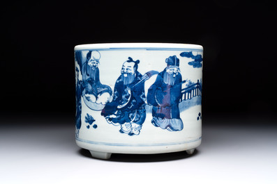 A large Chinese blue and white 'Ba Xian Zhu Shou 八仙祝壽&lsquo; tripod censer, 19th C.