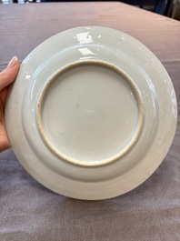 A Chinese blue and white dish and two Imari-style plates with figural design, Chenghua mark, Kangxi/Yongzheng