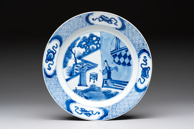A Chinese blue and white dish and two Imari-style plates with figural design, Chenghua mark, Kangxi/Yongzheng