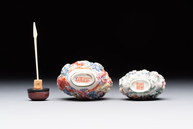 Four Chinese snuff bottles and three vases, 19th C.