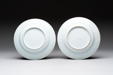 A Chinese blue and white dish and two Imari-style plates with figural design, Chenghua mark, Kangxi/Yongzheng