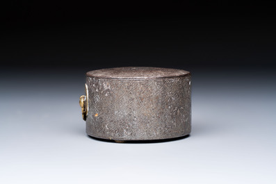 A Korean silver-inlaid iron tripod box with a gilt-bronze bat-shaped handle, Joseon, 18th C.