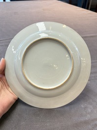 A Chinese blue and white dish and two Imari-style plates with figural design, Chenghua mark, Kangxi/Yongzheng