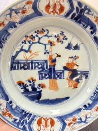 A Chinese blue and white dish and two Imari-style plates with figural design, Chenghua mark, Kangxi/Yongzheng
