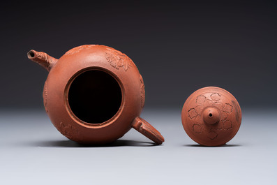 Three Chinese Yixing stoneware teapots, Chen Ziwen 陳子文 and Wen Cai 文彩 mark, Kangxi and later