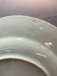 A Chinese blue and white dish and two Imari-style plates with figural design, Chenghua mark, Kangxi/Yongzheng