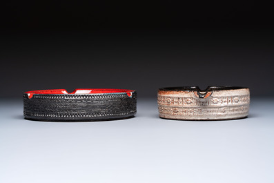 Rogier Vandeweghe (1923-2020) for Amphora: a red-glazed ashtray, and a Perignem cream-glazed ashtray, 20th C.