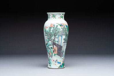 A Chinese famille verte 'Guanyin Zun' vase with narrative design, 19/20th C.