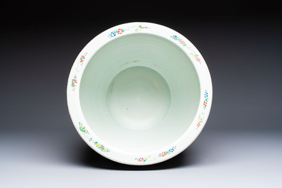 A large Chinese famille rose 'Bird among Flowering Branches' scroll pot, 19th C.