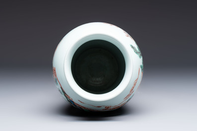 A Chinese famille verte 'Guanyin Zun' vase with narrative design, 19/20th C.
