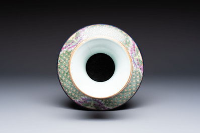 A Chinese famille rose blue-ground 'Lotus Pond' vase, Daoguang mark, 20th C.
