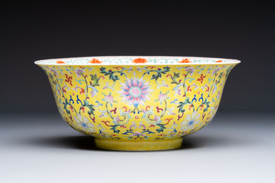 A rare Chinese famille rose yellow-ground bowl from the imperial workshops, Jiang Shi Qian Ju 蔣氏籤具 mark, Republic