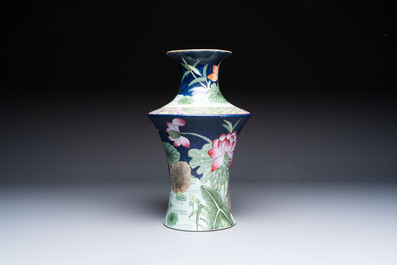 A Chinese famille rose blue-ground 'Lotus Pond' vase, Daoguang mark, 20th C.