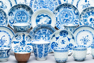 16 Chinese blue and white cups and 24 saucers, various marks, Kangxi and later