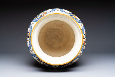 A large polychrome Gien faience 'Birds among Flowering Branches' vase, marked, France, 19/20th C.