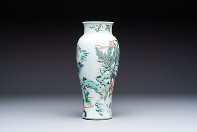 A Chinese famille verte 'Guanyin Zun' vase with narrative design, 19/20th C.