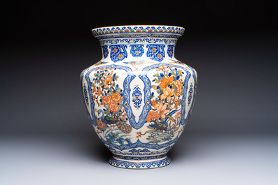 A large polychrome Gien faience 'Birds among Flowering Branches' vase, marked, France, 19/20th C.