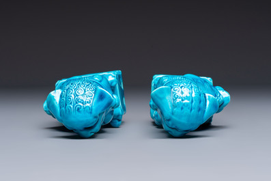A pair of Chinese turquoise-glazed cats and a pair of Buddhist lions, 20th C.