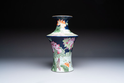 A Chinese famille rose blue-ground 'Lotus Pond' vase, Daoguang mark, 20th C.