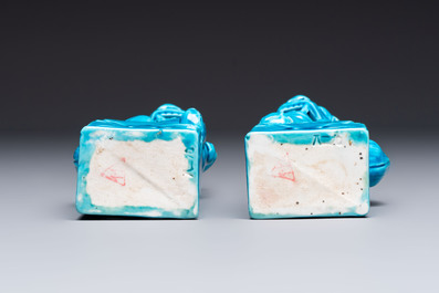 A pair of Chinese turquoise-glazed cats and a pair of Buddhist lions, 20th C.