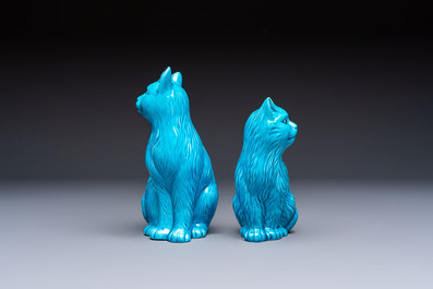 A pair of Chinese turquoise-glazed cats and a pair of Buddhist lions, 20th C.