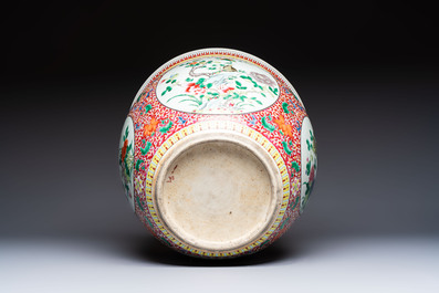 A large Chinese famille rose 'Bird among Flowering Branches' scroll pot, 19th C.