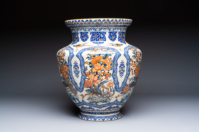 A large polychrome Gien faience 'Birds among Flowering Branches' vase, marked, France, 19/20th C.