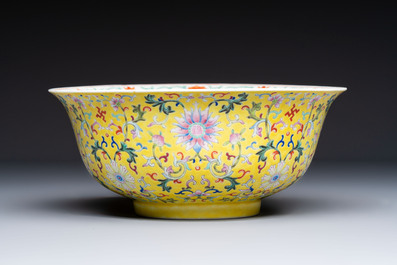 A rare Chinese famille rose yellow-ground bowl from the imperial workshops, Jiang Shi Qian Ju 蔣氏籤具 mark, Republic