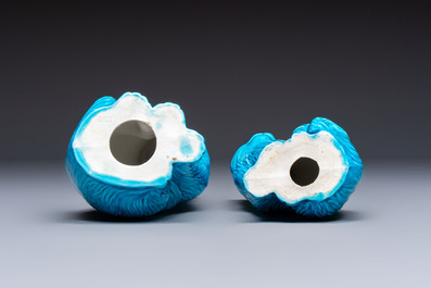 A pair of Chinese turquoise-glazed cats and a pair of Buddhist lions, 20th C.