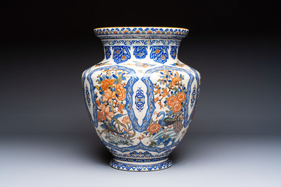 A large polychrome Gien faience 'Birds among Flowering Branches' vase, marked, France, 19/20th C.