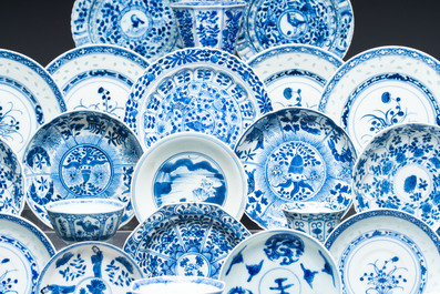 16 Chinese blue and white cups and 24 saucers, various marks, Kangxi and later