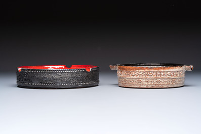 Rogier Vandeweghe (1923-2020) for Amphora: a red-glazed ashtray, and a Perignem cream-glazed ashtray, 20th C.