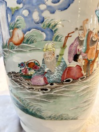 A Chinese famille rose 'Qun Xian Zhu Shou 群仙祝壽' rouleau vase, Qianlong mark, 19th C.